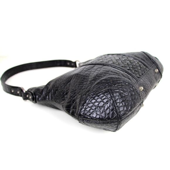 Elliott Lucca WOVEN BLACK GENUINE LEATHER CROCO PRINT SHOULDER BAG HANDBAG HOBO - Picture 8 of 15